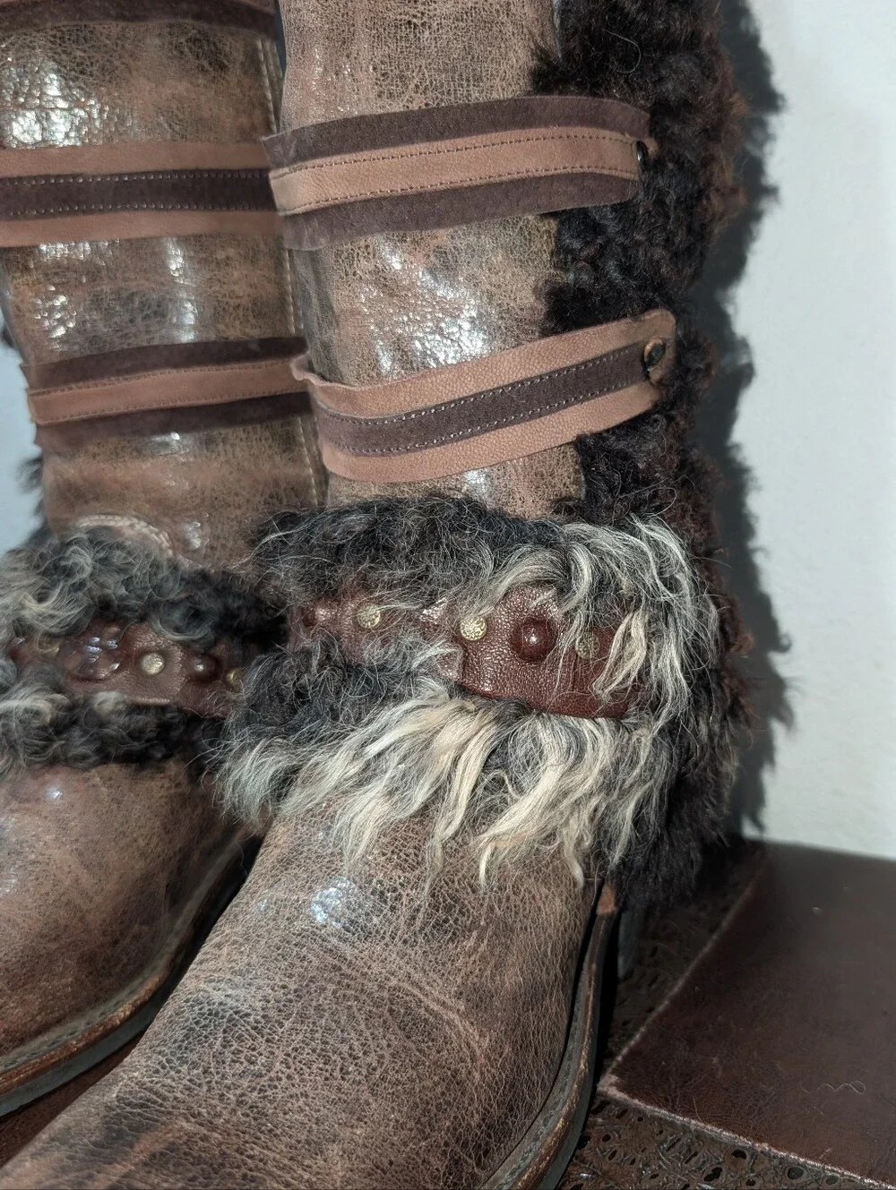 ​🔥FRYE One-of-a-Kind Custom Reworked 15R Tall Harness Boots Sheep Fur Burner 9
